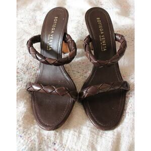 Bottega Veneta Brown Braided Woven 2 Strap Leather Mule Heels Size 36.5